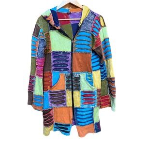 KPC Patchwork Pointed Hood Sweatshirt Full Zip Retro Hippie Boho Festival Large